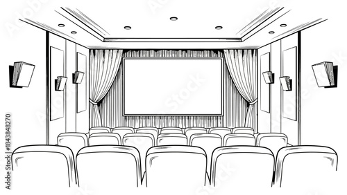 an illustrative depiction of a home theater s interior showcasing rows of empty seats facing a large projection screen framed by elegant curtains high quality professional