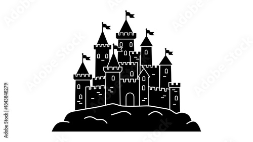 a detailed illustration depicts a majestic black castle with multiple towers and fluttering flags perched atop a dark hill high quality professional modern elegant stylish