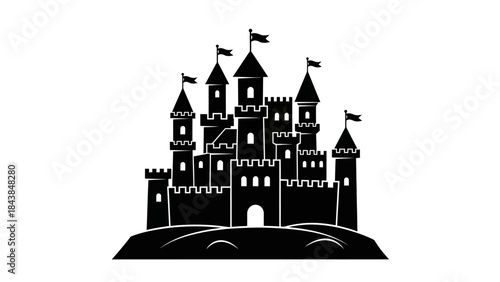 a detailed black and white illustration depicts a majestic castle with multiple towers and flags set upon a small hill high quality professional modern elegant