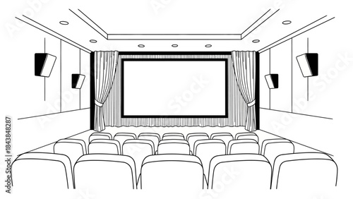 a detailed black and white drawing depicts an empty home theater with rows of seats facing a large screen enclosed by curtains high quality professional