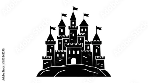 a striking black and white illustration showcases a fairytale castle with multiple towers and flags perched atop a grassy hill evoking a sense of