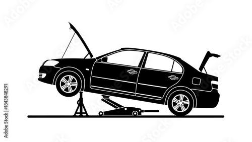 a detailed depiction of a black sedan lifted with a jack showcasing automotive repair and maintenance procedures in a simplistic style high quality professional modern