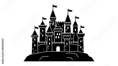 a detailed illustration depicts a majestic black silhouette of a fairytale castle complete with towering spires and fluttering flags set against a white background