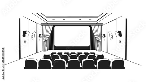 an architectural illustration depicts an empty movie theater with rows of seating facing a large screen and stage with curtains high quality professional detailed modern