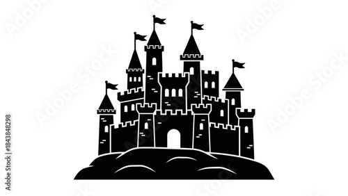 a detailed black and white silhouette of a fairytale castle with multiple towers and flags atop a hill high quality professional modern elegant stylish clean