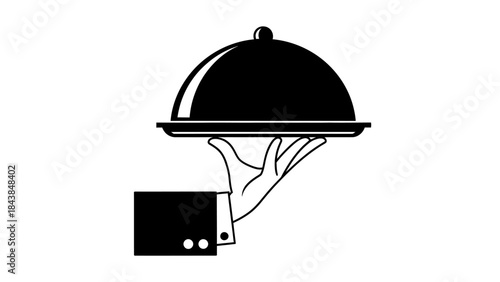 a monochrome illustration depicts a hand in a suit presenting a covered serving dish on a tray suggesting fine dining high quality professional detailed modern