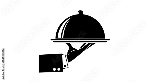 a sleek black and white illustration depicts a waiter presenting a covered dish on a silver platter signifying fine dining high quality professional detailed modern