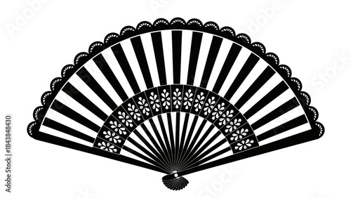 a striking black and white illustration depicts a gracefully opened hand fan showcasing its delicate ribs and ornate floral design elegance high quality professional detailed