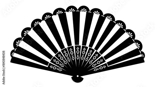 a detailed illustration of a black and white striped handheld folding fan showcasing its elegant design and intricate pattern high quality professional modern stylish clean