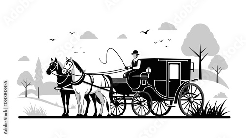 a detailed black and white illustration depicts a horse drawn carriage with a driver traveling along a country road surrounded by trees and birds high quality