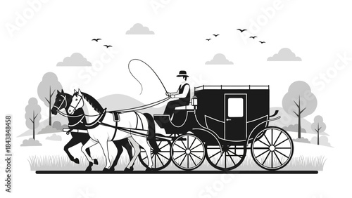 a vintage black and white illustration depicts a horse drawn carriage with a driver wearing a hat traversing a landscape with trees and birds high quality