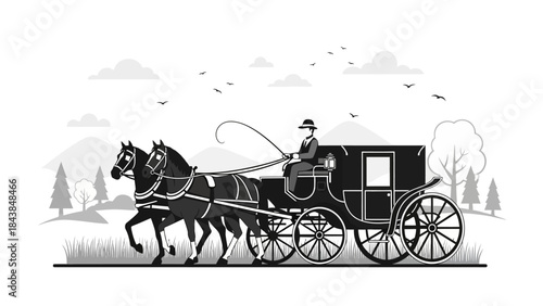 a vintage monochromatic illustration depicts a horse drawn carriage with a coachman expertly guiding the majestic horses through a serene landscape high quality professional detailed modern