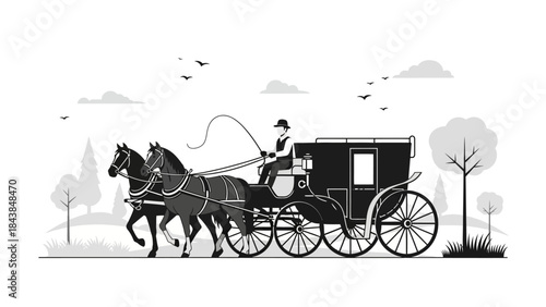 a detailed grayscale illustration depicts a horse drawn carriage traveling across a landscape with subtle trees and birds in the sky high quality professional modern elegant