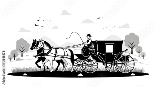 a vintage illustration depicts a horse drawn carriage traveling along a grassy path with trees and birds high quality professional detailed modern elegant stylish clean crisp