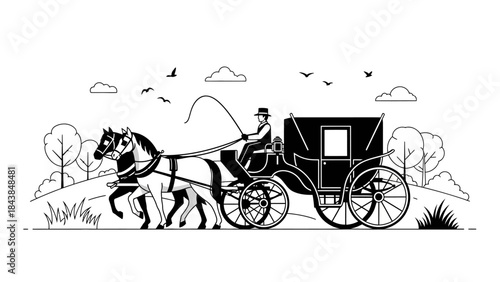 a vintage illustration depicts a horse drawn carriage with a driver navigating a scenic landscape including trees clouds and birds high quality professional detailed modern elegant