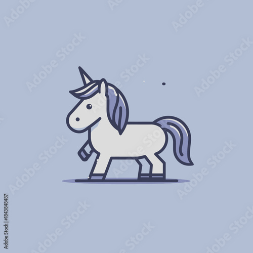 Cute cartoon unicorn illustration with a minimalist flat design. Whimsical mythical creature on a blue background, perfect for fantasy themes.