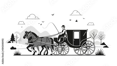 a vintage illustration depicts a horse drawn carriage with a driver wearing a top hat traveling across a landscape with trees and clouds high quality professional