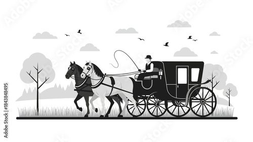a vintage illustration depicts a horse drawn carriage traveling through a landscape with bare trees and clouds high quality professional detailed modern elegant stylish clean crisp