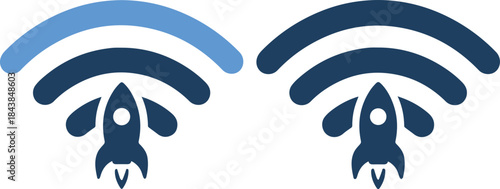 Two rocket ships with wifi signals in blue shades
