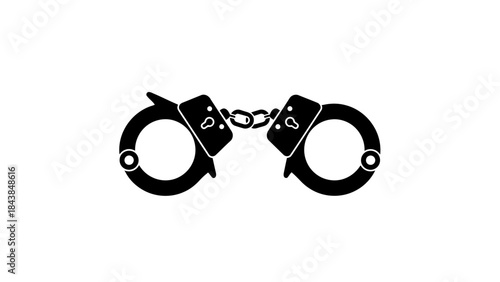 a stark black and white illustration depicts a pair of closed metal handcuffs symbolizing restraint law enforcement and the concept of legal detention or