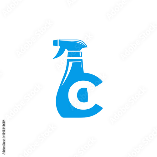 Modern blue spray bottle icon with integrated letters 'b' and 'c', symbolizing cleaning, household care, or liquid solutions. Graphic design element.