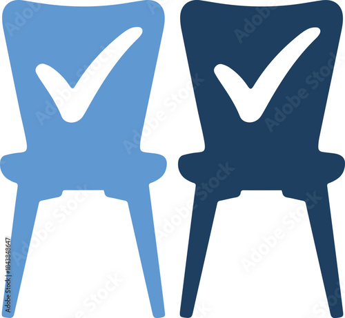 Two chairs with checkmarks in blue shades