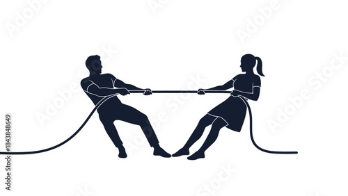 a silhouette illustration depicts a man and a woman engaged in a vigorous tug of war competition symbolizing conflict and struggle high quality professional detailed