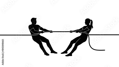 a minimalist black and white silhouette depicts a dynamic tug of war scene between two individuals showcasing strength and competition high quality professional detailed modern
