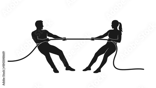 a silhouette depiction showcases a man and a woman engaged in a vigorous game of tug of war symbolizing competition and strength high quality professional