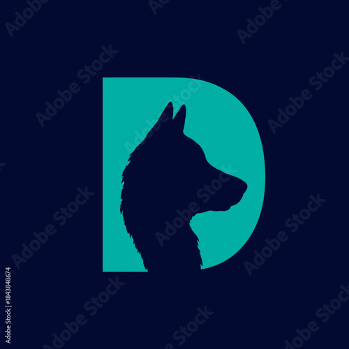 Modern graphic design featuring a dog head silhouette integrated into a vibrant teal capital letter D on a dark blue background, abstract style.