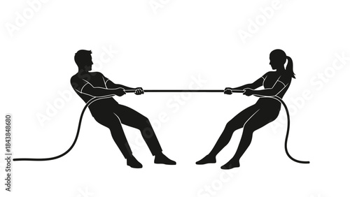 a silhouette depiction of two individuals engaged in a vigorous tug of war competition showcasing strength and opposing forces in a minimalist style high quality