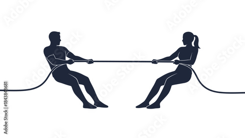 a minimalist depiction features a man and a woman engaged in a tug of war showcasing strength and competition against a white background high quality