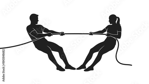 a silhouette illustration depicts a dynamic tug of war between two individuals exhibiting strength competition and physical exertion in a stark black and white