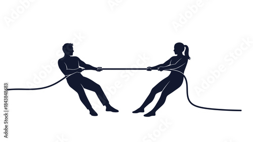 a striking silhouette depicts a dynamic tug of war between a man and a woman emphasizing strength competition and balanced opposing forces in a