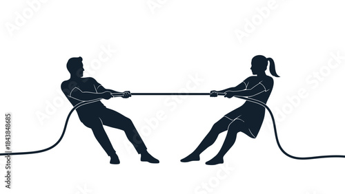 a silhouette depiction of two figures a man and a woman engaged in a intense tug of war competition with a thick rope high quality