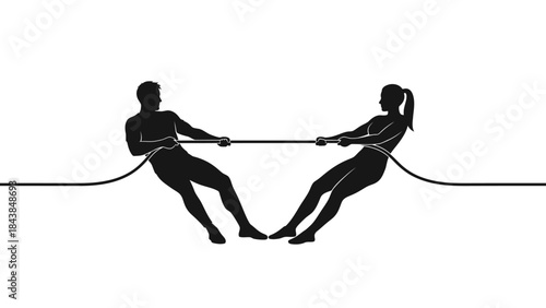 a minimalistic depiction showcasing a man and a woman engaged in a tug of war illustrating conflict competition and struggle with a stark visual