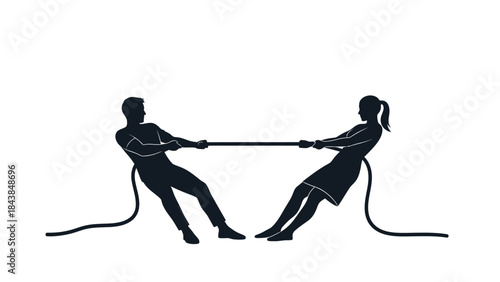 a silhouetted illustration depicts a man and a woman engaged in a classic tug of war competition symbolizing conflict and struggle high quality professional detailed