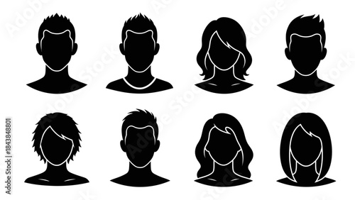 a collection of eight black silhouettes depicting diverse human profiles showcasing varying hairstyles and head shapes for user representation high quality professional detailed modern elegant