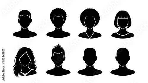 a collection of diverse human head silhouettes showcasing varying hairstyles and gender representations in a minimalist black and white design high quality professional detailed modern