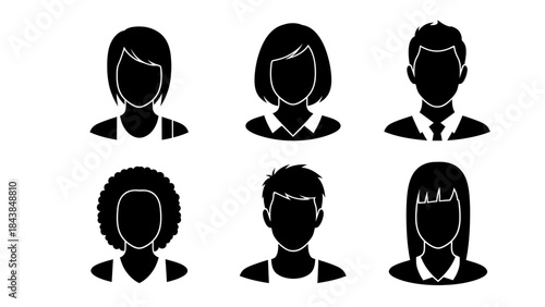 a collection of six simple black silhouette icons representing diverse people featuring varying hairstyles and gender representations suitable for profile or user avatars high quality