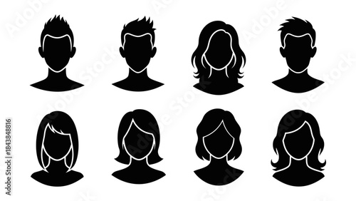 a collection of diverse silhouettes depicting various hairstyles and distinct facial profiles of people showcasing gender diversity high quality professional detailed modern elegant stylish clean