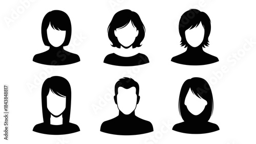 a collection of six black silhouette headshots depicting diverse hairstyles and gender neutral facial features against a clean white background high quality professional detailed modern
