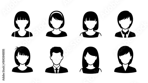 a collection of eight distinct black silhouette profile icons depicting varying hairstyles and outfits for generic user avatars high quality professional detailed modern elegant stylish