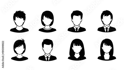a collection of eight black and white silhouette icons depicting diverse people with varying hairstyles and simple facial features presented against a white background