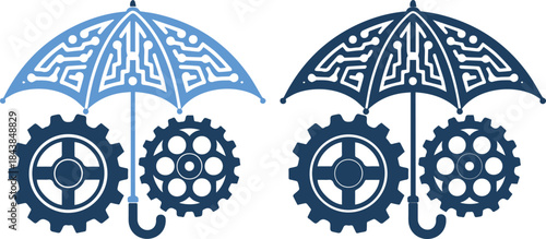 Two blue umbrellas with intricate gear icons inside on isolated white background