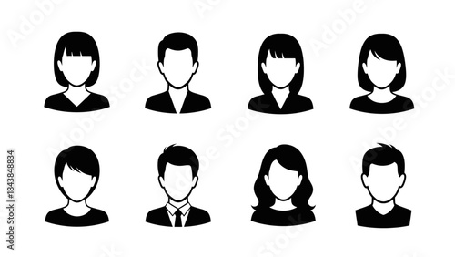 a collection of eight simple black and white silhouette icons representing diverse human faces showing different hairstyles and gender expressions for user profiles high quality