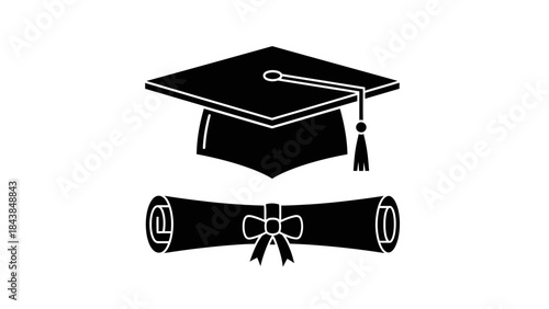 a black and white illustration depicting a graduation cap resting atop a rolled diploma tied with a ribbon high quality professional detailed modern elegant stylish