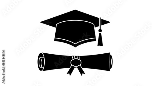 a simple black and white illustration depicts a graduation cap resting above a rolled diploma tied with a ribbon high quality professional detailed modern elegant