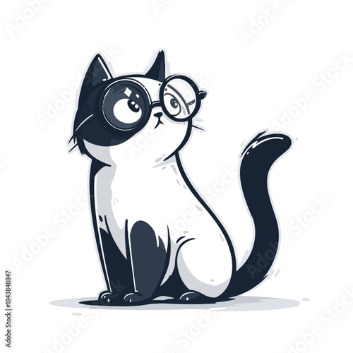 Cute black and white cartoon cat wearing round glasses, sitting and looking up with a smart, curious, and thoughtful expression. Adorable pet character illustration.