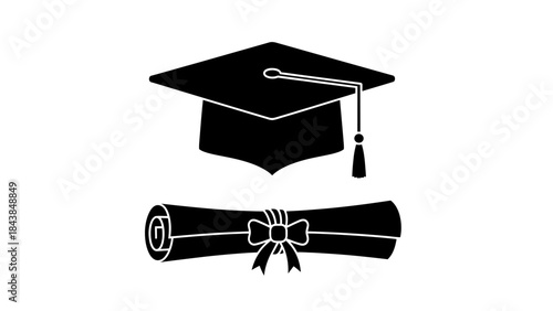 a simple black and white illustration depicts a graduation cap positioned above a rolled diploma tied with a ribbon high quality professional detailed modern elegant